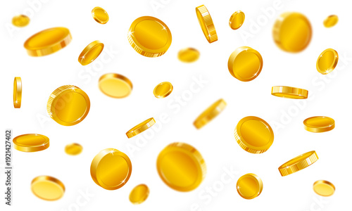 Gold coins isolated on transparent background.. Vector gold coins fall from the sky, Coins burst and explode wealth, jackpot, treasure, and finance concept.