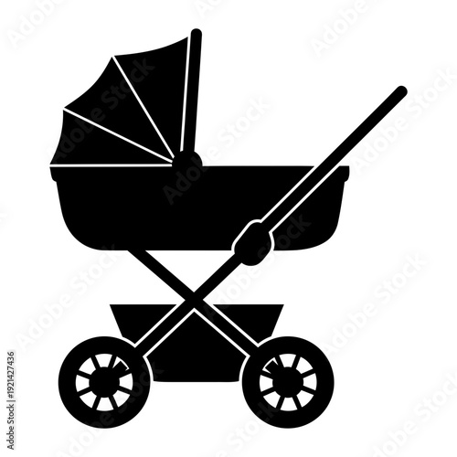 A black silhouette of a baby stroller with wheels and a canopy