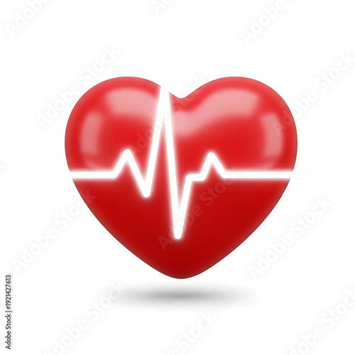 A glossy red heart icon displays a glowing white electrocardiogram line across its center on a white background.