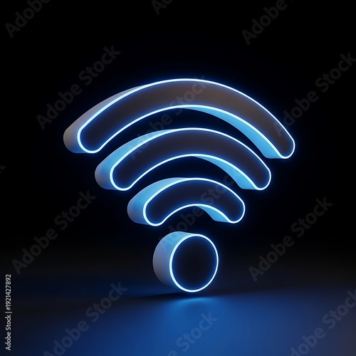 A glowing blue neon Wi-Fi signal icon floats against a dark background symbolizing wireless connectivity.