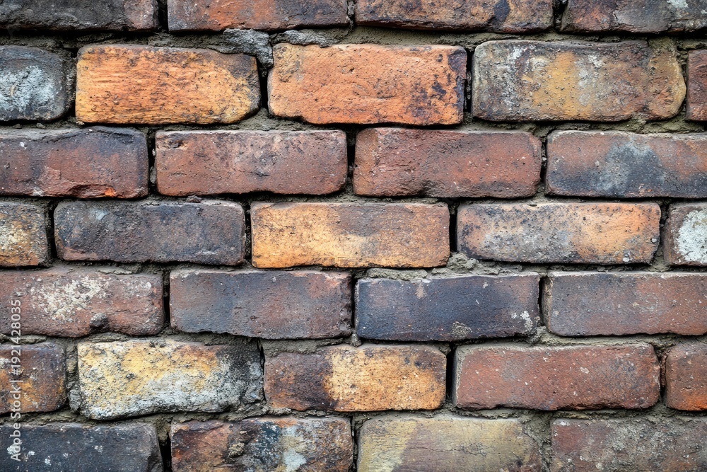 Obraz premium Weathered close-up of an old brick wall featuring varied orange, red, and brown tones