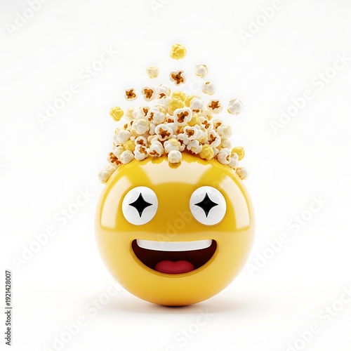 Cheerful emoji character with star eyes and an open smile has a burst of popcorn exploding from its head, representing excitement and fun.