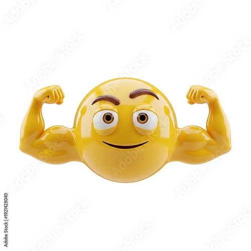 Emoji character with a cheerful expression proudly flexing exaggerated muscular arms, symbolizing strength, confidence, power, and physical achievement against a clean white background.