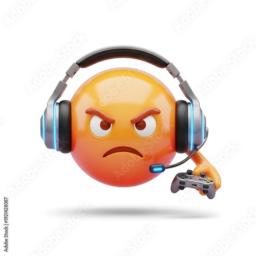 Emoji character with an angry facial expression wears modern gaming headphones and holds a video game controller, symbolizing frustration during an intense online gaming session.