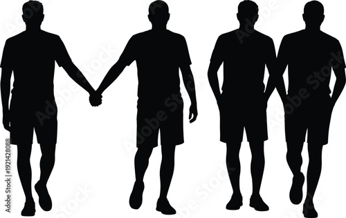 Male silhouettes walking together, friends holding hands, casual fashion poses, modern lifestyle, urban people illustration, social concept