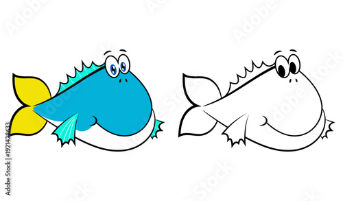 Cute blue fish cartoon character swimming in the ocean. Ideal for seafood restaurant logos, mascots, stickers, and kids underwater-themed coloring books