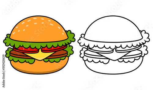Funny and delicious hamburger cartoon vector illustration. Ideal for fast food restaurant logos, mascots, stickers, and kids' food-themed coloring books