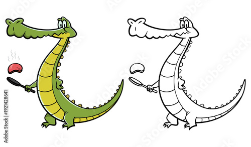 Cute alligator cartoon character cooking meat with a frying pan. Vector illustration of a friendly crocodile chef, perfect for kids coloring books, restaurant mascots, or cooking-themed stickers