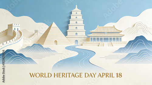 Paper art style global heritage landmark, global heritage protection, civilization coexistence concept, and World Heritage Day promotion and commemoration scene.
