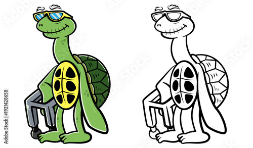 Cute elderly turtle cartoon character wearing sunglasses and using a walker at the beach. Vector illustration of a senior tortoise enjoying his golden years, perfect for stickers, logos, and mascots