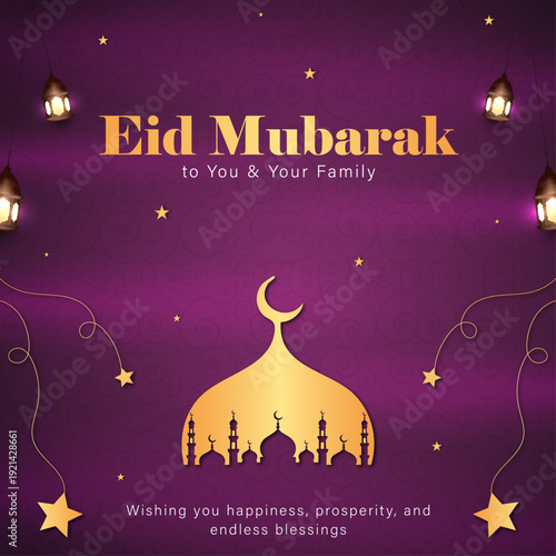 Eid Mubarak Greeting Card with Golden Mosque and Purple Pattern, Elegant Ramadan Kareem Banner with Bokeh Lights and Lanterns, Luxury Islamic Festival Background with Gold Crescent and Stars, Soft Gol