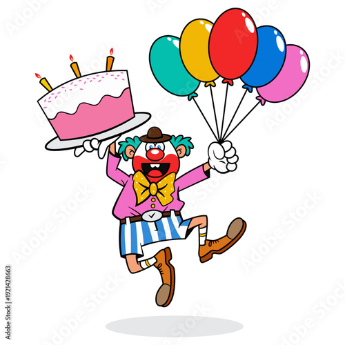 Adorable circus clown character celebrating a birthday with party balloons and a delicious cake. Ideal for festive invitations, kids' event branding, and fun sticker sets