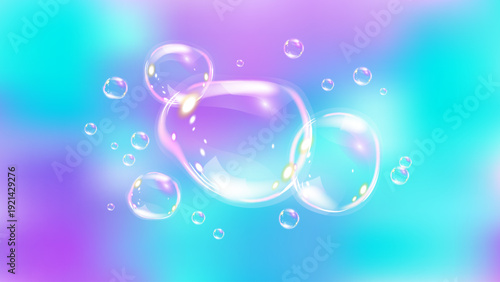 Transparent rainbow liquid bubbles background. Realistic 3D vector illustration