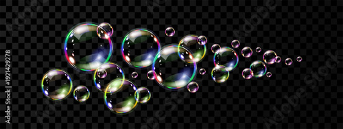 Realistic stream of soap bubbles on transparent background. Glossy volume rounded aqua droplet. 3D glass liquid shape with holographic effect. Vector illustration.