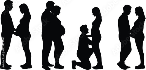 Romantic couple silhouettes, pregnancy and proposal moments, love relationship, family planning, emotional bonding, isolated vector illustration