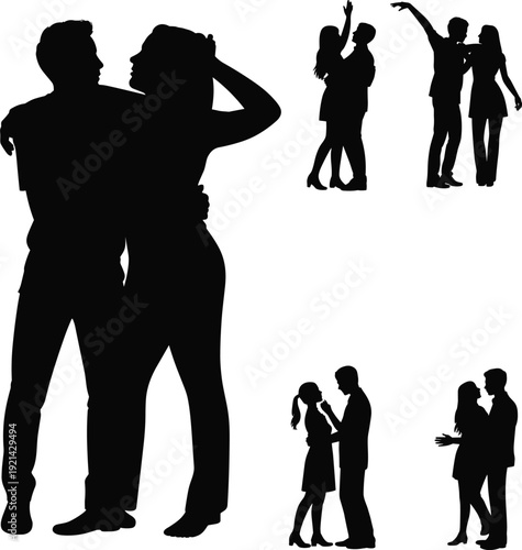 Romantic dancing couple silhouettes, love and relationship moments, modern dating lifestyle, emotional connection, vector illustration set