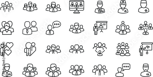 Set, of, professional, business, and, medical, line, icons, featuring, healthcare, workers, teamwork, corporate, communication, online, meetings, and, patient, care, symbols.