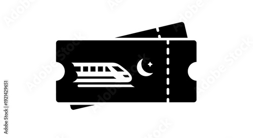 Railway ticket with train and moon icon on ticket stub, Travel illustration, Journey, Transportation, Night
