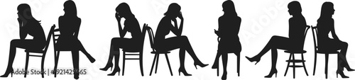 Seated female silhouettes, elegant sitting poses, fashion model shadows, stylish women outlines, chair pose collection, isolated