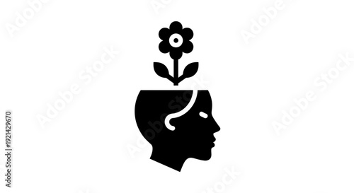 A black silhouette of a human head with a flower growing out, viewed from the side, illustrating growth and development