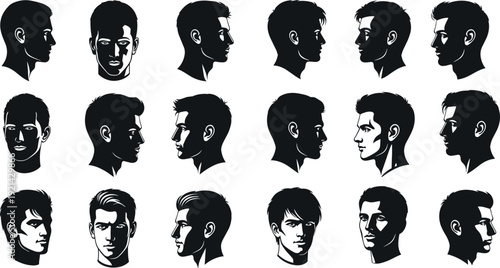 Collection, of, black, male, head, silhouettes, and, portraits, featuring, various, hairstyles, profiles, side, views, for, grooming, barber, identity, and, character, design.