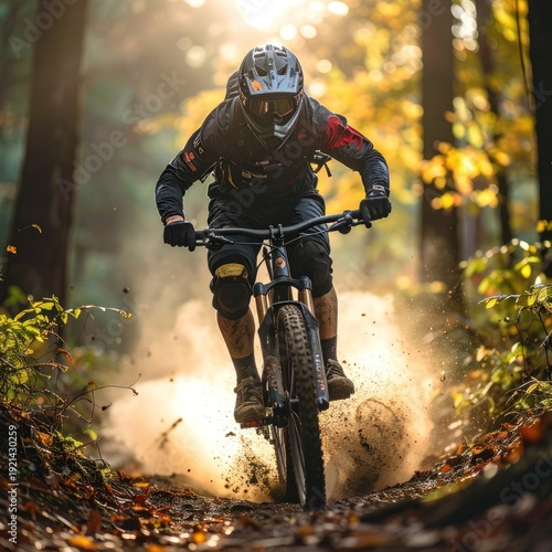 An intense shot of a mountain biker kicking up dust on a sun-drenched forest trail.