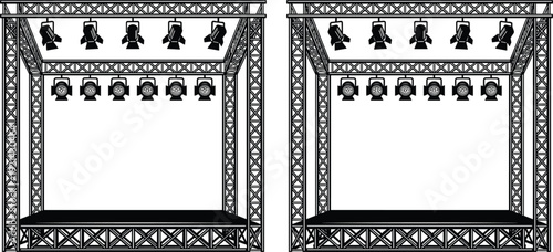 Stage lighting setup, event truss structure, concert lights, professional stage design, spotlight and floodlight rig, performance platform, production equipment, show preparation