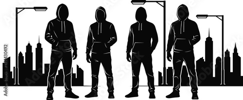 Urban hoodie silhouettes, cityscape background, streetlight shadows, anonymous figures, black and white illustration, gritty atmosphere, modern youth, social commentary art