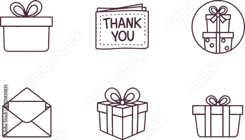   
Thank You and gift icon vector set with outlined boxes, envelope, and decorative elements for celebration and appreciation themes