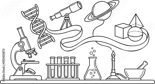 Black and white line art vector illustration of a science and STEM education concept featuring a microscope, DNA strand, telescope, planet, geometric shapes, and chemistry laboratory equipment