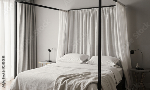Canopy bed bedroom featuring a contemporary four-poster frame with white linen curtains and minimalist black lamps in a bright space