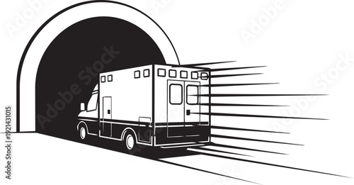 Ambulance vector illustration exiting tunnel fast, isolated on transparent background