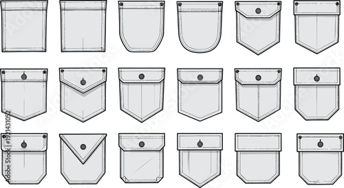 Collection, of, technical, fashion, pocket, sketches, featuring, various, garment, bag, shapes, for, apparel, design, flat, drawings, tailoring, details, and, clothing, manufacturing.