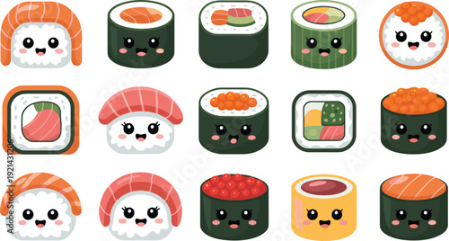 Cute kawaii sushi vector set adorable smiling sushi pieces flat illustration happy food characters