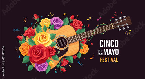 Cinco de Mayo Festival Acoustic Guitar Decorated with Colorful Roses