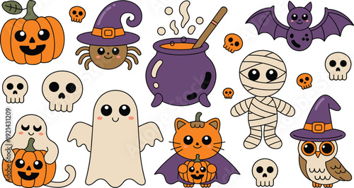 Cute Kawaii Halloween Vector Clipart Set with Adorable Spooky Characters Pumpkins Ghosts Bats for Kids Crafts and Decorations