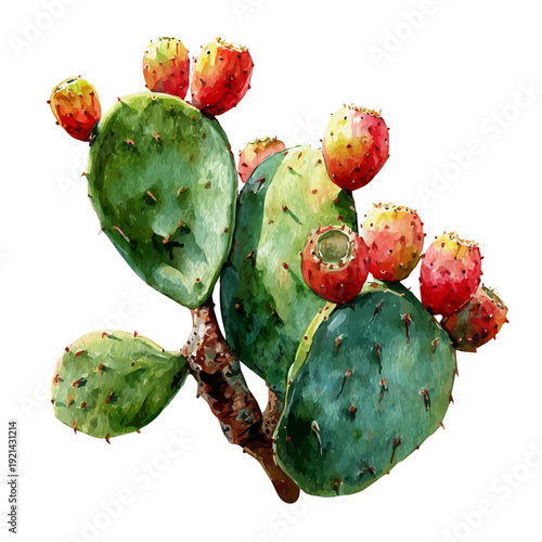 Prickly Pear, watercolor drawing vector, isolated on a white background.