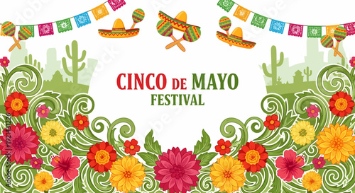 Cinco de Mayo Festive Floral Border with Mexican Elements