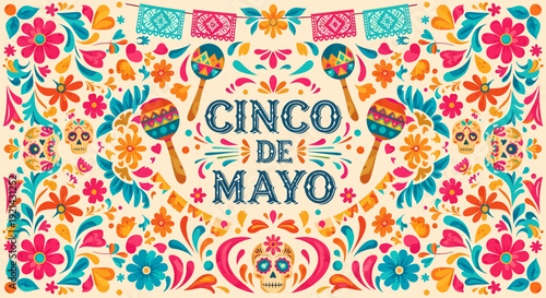 Cinco de Mayo Fiesta Banner: Maracas, Skulls, Flowers & Papel Picado
