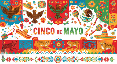 Cinco de Mayo Festive Mexican Holiday Banner with Eagle and Jaguar
