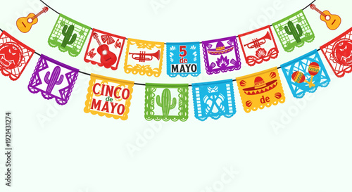 Cinco de Mayo Fiesta Banner with Mexican Icons and Guitars