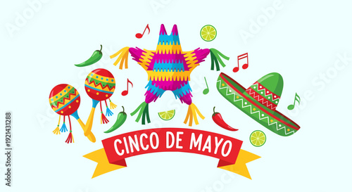 Cinco de Mayo Fiesta: Colorful Pinata, Sombrero, Maracas, Chili, Lime