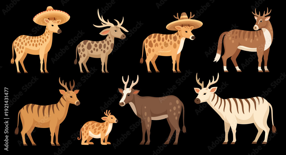 Fototapeta premium Cute Deer Collection - Various Animals with Hats and Patterns