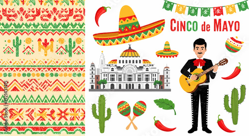 Cinco de Mayo Mexican Fiesta Elements: Mariachi, Sombrero, Cactus, Building