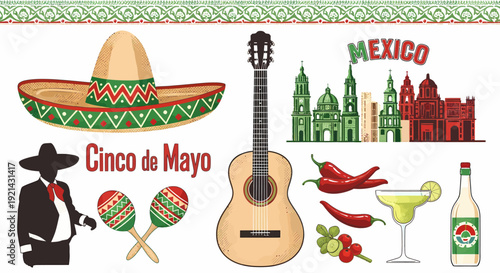 Cinco de Mayo Mexican Fiesta Elements: Sombrero, Guitar, Chili Peppers, Margarita