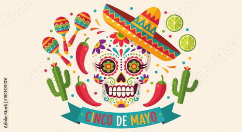 Cinco de Mayo Skull Decoration with Maracas, Chili Peppers, and Cacti
