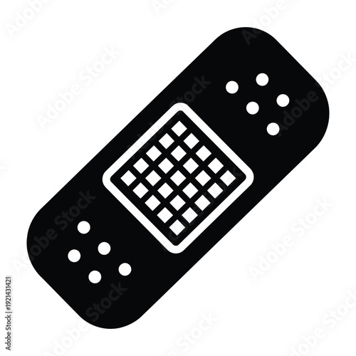Adhesive bandage icon in black and white, representing first aid, medical care, injury, and wound treatment.