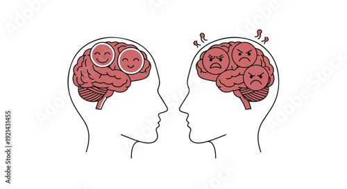 Vector Illustration of Happy and Angry Brain Emotions in Human Head Profiles isolated PNG with Transparent Background