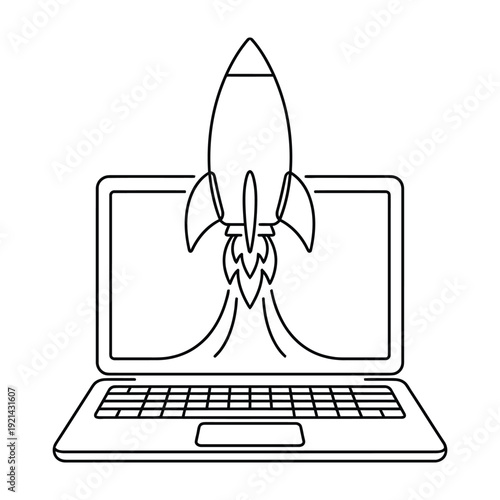 Rocket launching from a laptop screen, representing startup, innovation, rapid growth, and digital business launch.