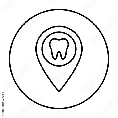 Location pin with a tooth inside a circle, indicating a dental clinic, dentist's office, or oral health service point on a map.